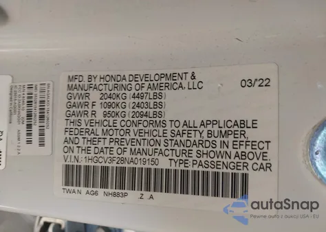 2022 Honda Accord Hybrid Sport из США, поврежденный, VIN 1HGCV3F28NA019150